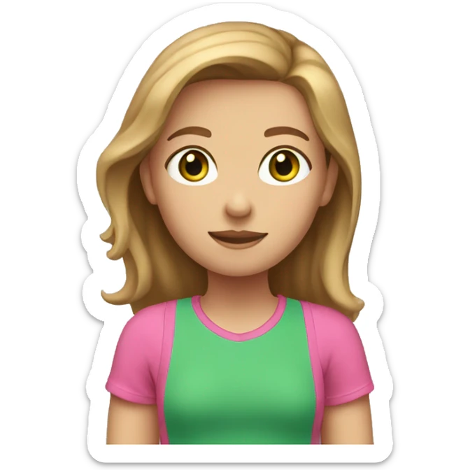 A girl with light brown hair, green eyes and a pink T-shirt sticker