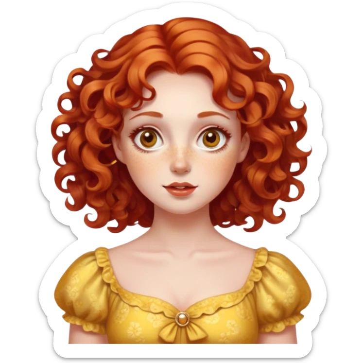 lady with Soft, round face, rosy cheeks, wide expressive eyes, wavy red hair, ringlets, Fair skin, freckles, Wears bright, often overly decorative dresses in shades of yellow or gold sticker