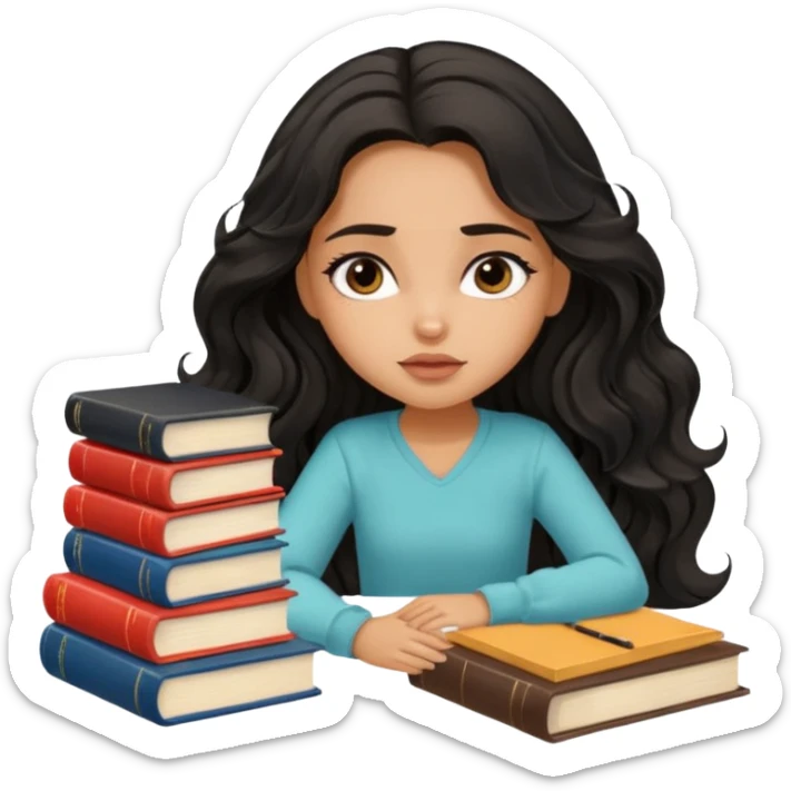 a pretty tan bratz girl with black wavy long hair studying. Pile of books on the table. No glasses. Looks tgired sticker