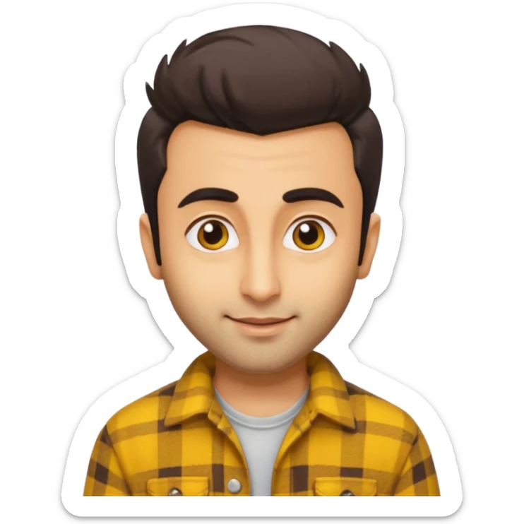 generate a pretty bratz emoji 
Make her look like Ranbir kapoor wearing a yellow flannel shirt, smirkinh

She should look exactly  like ranbir kapoor!  sticker
