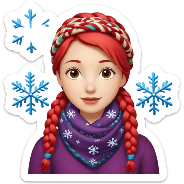 A red braid hair cheerful woman with patterned scarf, snowflakes land on her hair. sticker