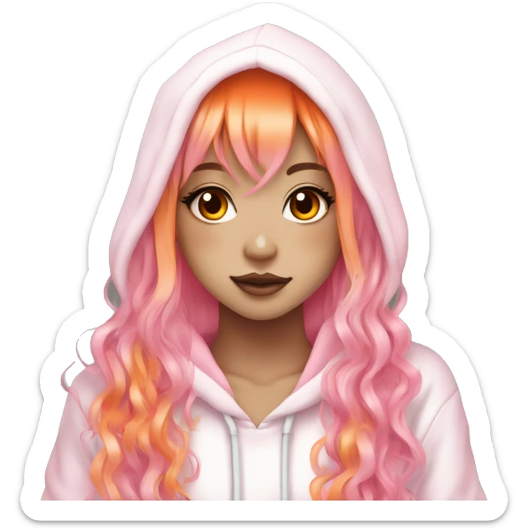hime gyaru girl, long pink and orange hair, dark makeup, white and pink hoodie sticker