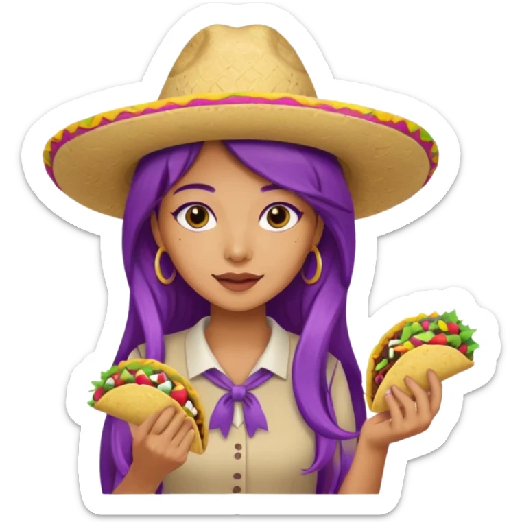 woman holding taco with purple long hair and hat on head  sticker