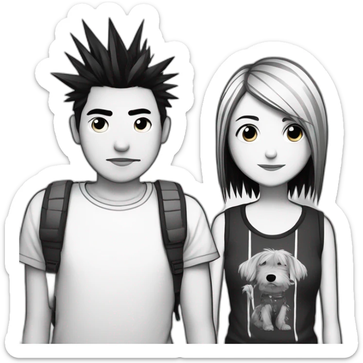 dog and a dark-haired girl with spiky hair looking at each other in style of ((sarah andersen)), black and white sticker