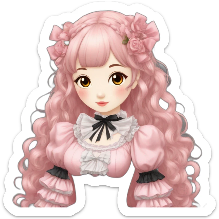 Vestido rosa pastel y negro gothic lolita, cuerpo completo, color de piel morena, pelo largo, pelo de color rojo y negro sticker