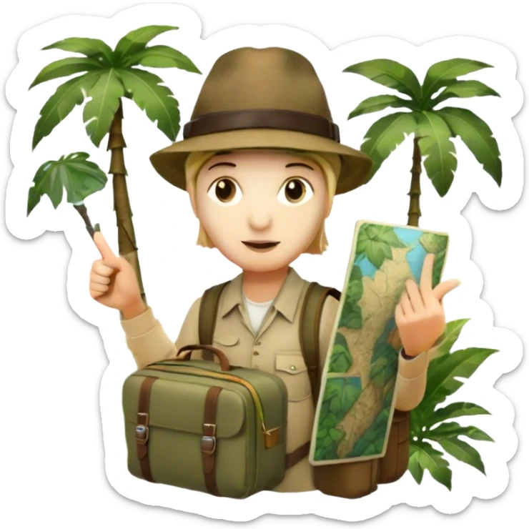 Icon for Travel Documentary: A vintage TV-style design with a traveler pointing backward, telling a story in the jungle. Include lush greenery, exotic animals, and a backpack. The traveler should be wearing a hat and holding a map. Retro, informative TV style. Transparent background. sticker