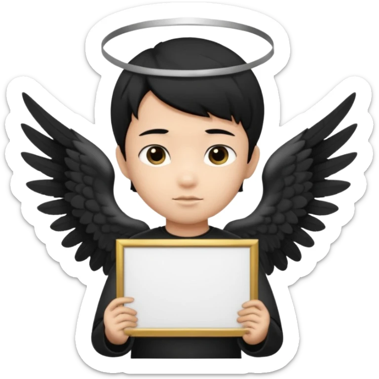 Asian Boy Angel with black hair black halo and black wings holding a large blank sign sticker
