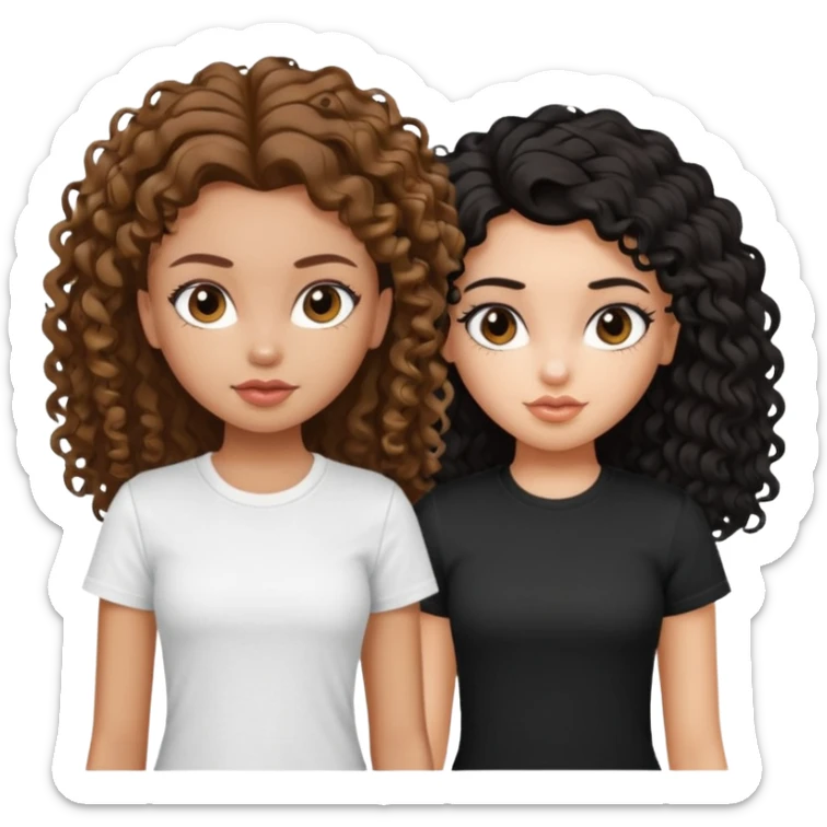 2 pretty bratz fair girls. One has straight brown hair and is tan, wearing a white tshirt. One is fair with curly black hair, wearing a black tshirt  sticker