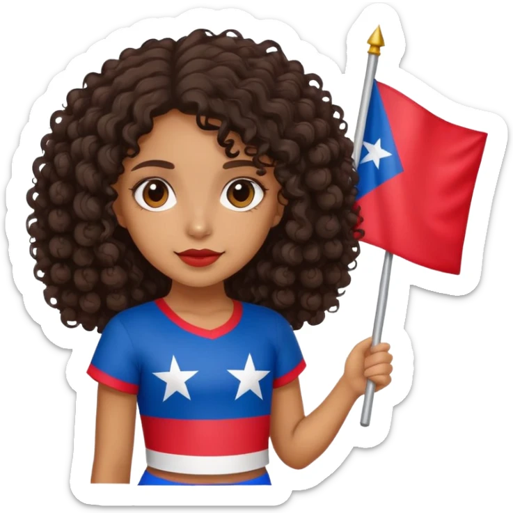 Tan skin girl with dark curly hair holding a Puerto Rican flag sticker