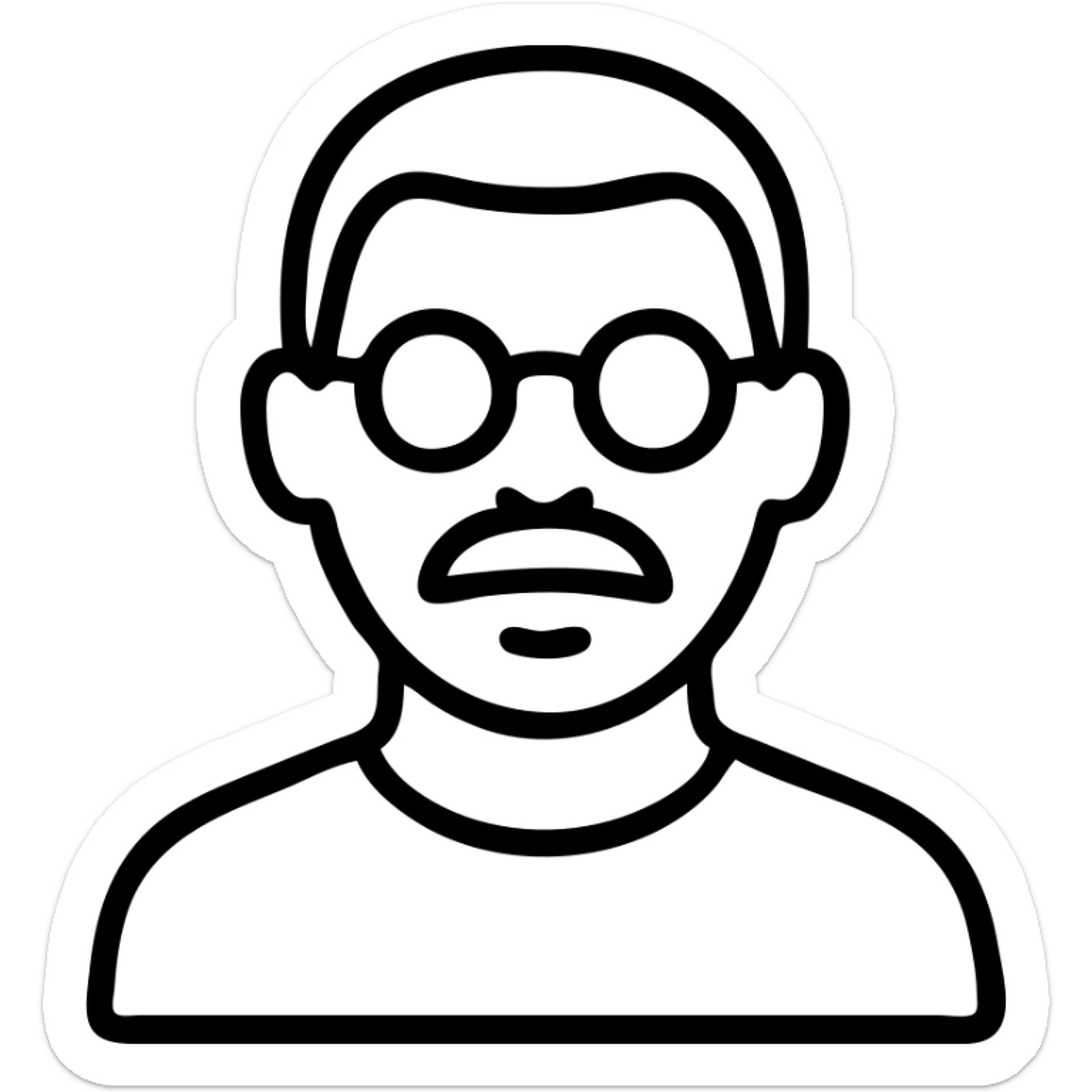 icône minimaliste d'un homme de 60 ans, cheveux très courts gris, visage rond, lunettes, moustache et bouc court sticker