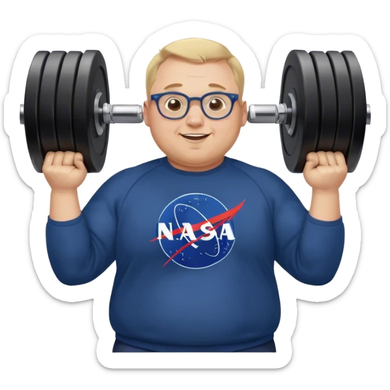 happy chubby man, lifts weights,  blond short and hight receding hairline, wearing a dark blue sweatshirt, nasa logo on the sweatshirt, round glasses without frame, 40 years old sticker