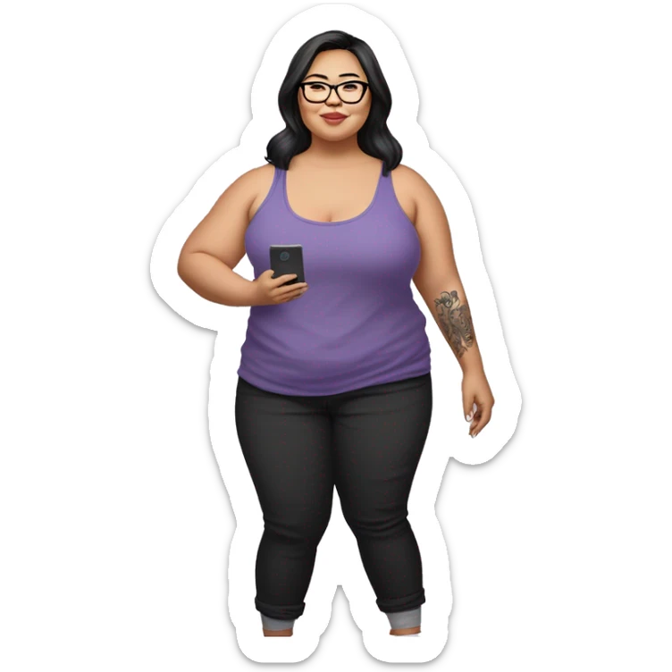 A plus size asian woman with transparent frame prescription glasses wearing long black pants with lavender colored tank top tucked in with several medium size tattoos on her left biceps and holding a kindle on her right hand while standing sticker
