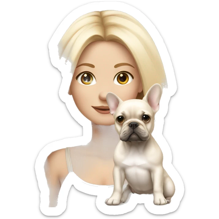 blonde girl with very long hair with beige but whiter French bulldog puppy sticker