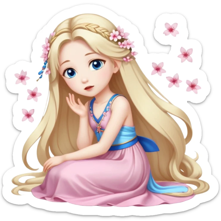 Girl with long blond hair and sakura accessories on her hair with a long tailed dress on the floor and have blue eyes beautiful finish and she sending lovely kisses  sticker