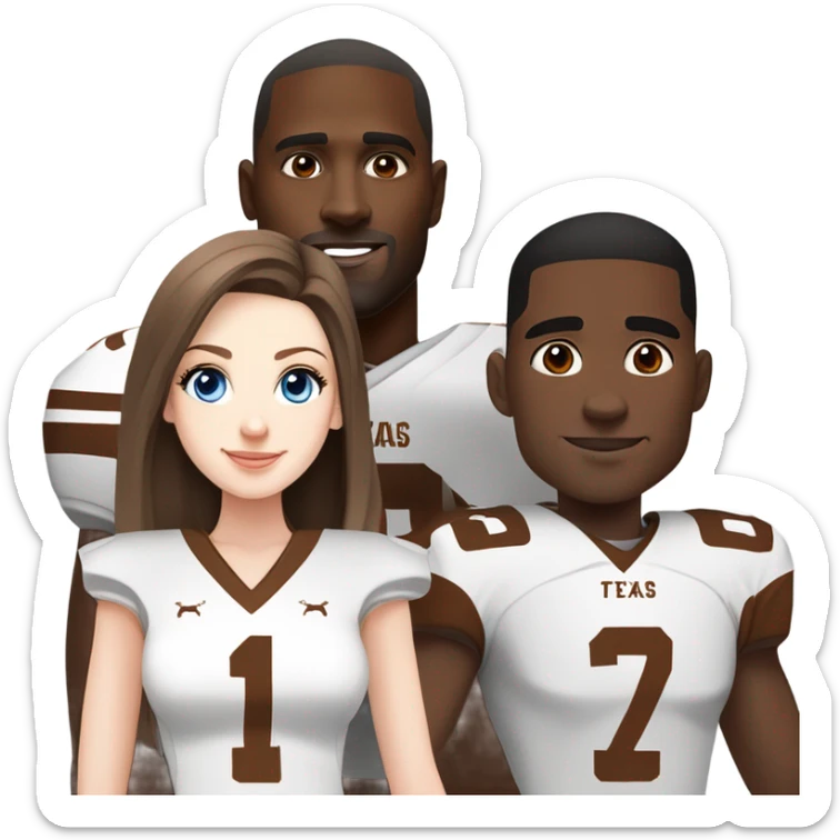 Beautiful girl, pale skin, blue eyes, long straight beautiful light brown hair, wearing Texas Longhorn football cheerleading uniform, standing next to handsome black man with short black hair wearing Texas longhorn football jersey sticker