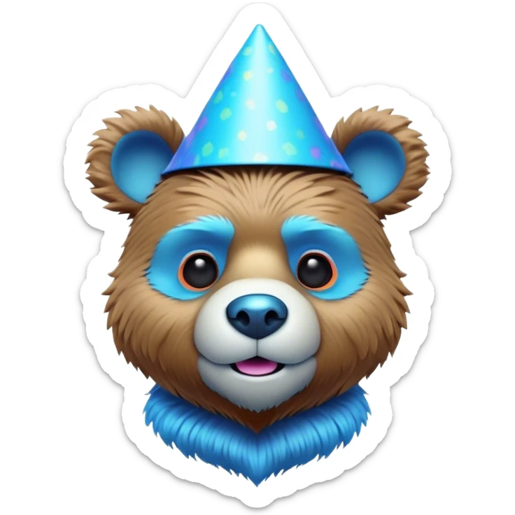 3D, adorable little Pixar style blue neon punk bear wearing a party hat, ultra detailed, each lash, eye, and strand of fur is shown in stunning detail as though captured in a timeless photograph, rich textures, visually rich, so lifelike it feels like it could leap off the page at any moment sticker