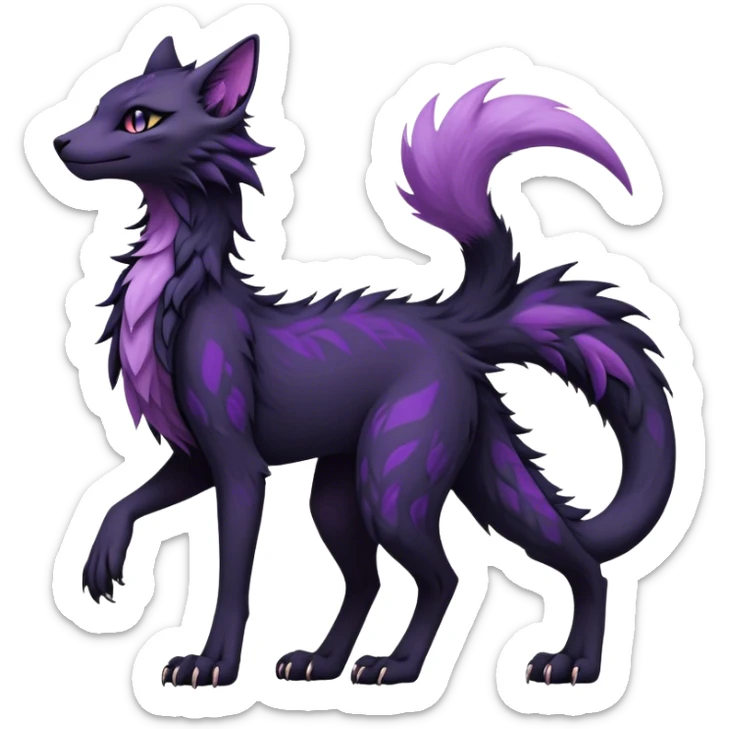 Kawaii dark black purplish blackish edgy fantasy ethereal feline-vernid-sergal-fursona animal creature with a tufted tail full body with intricate markings  sticker