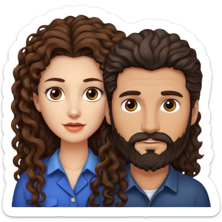 pareja de Mujer morena rizada cabello largo castaño ojos oscuros y hombre piel blanca con caballo oscuro con barba y ojos marrones sticker