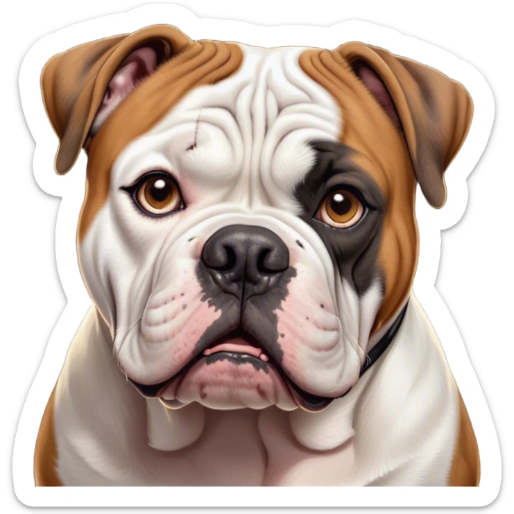 Cinematic Comical Black and White American Bulldog Portrait Emoji, Head tilted dramatically with an exaggeratedly shocked or offended expression, short fur with black and white markings, a slightly wrinkled forehead, wide, expressive brown eyes filled with exaggerated disbelief, Simplified yet hilariously expressive features, highly detailed, glowing with a slightly sassy glow, high shine, dramatic yet playful, stylized with an air of attitude, bright and endearing, soft glowing outline, capturing the essence of a sassy and over-the-top pup, so meme-worthy it feels like it could side-eye its way into internet fame instantly! sticker