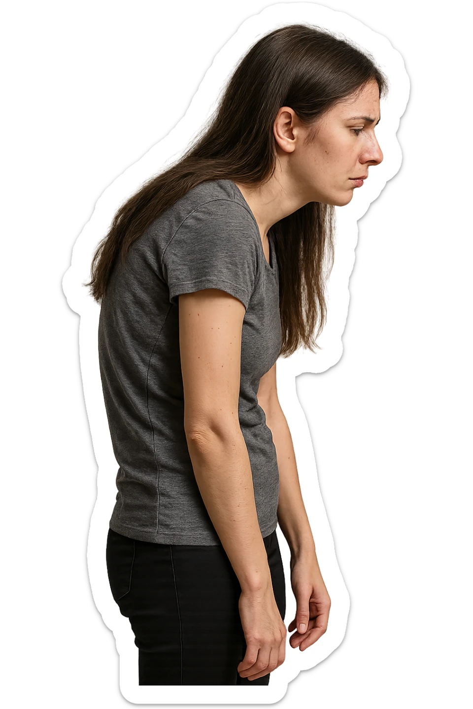 fai immagine identica ma di una donna con capelli lunghi, iperrealistico 4k, postura storta con spina dorsale storta sticker