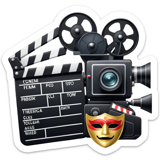 Icon for Acting in Theater and Movie: a stage with a spotlight and cinema, a film camera, a clapperboard and a dramatic mask. The design should represent both theatrical performance and cinematic art. Transparent background. sticker