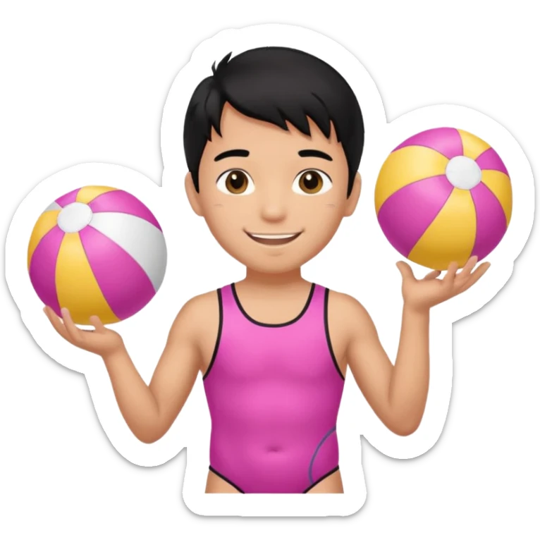 Hawaiian boy with black hair with pink highlights and a swimsuit, with beach ball sticker
