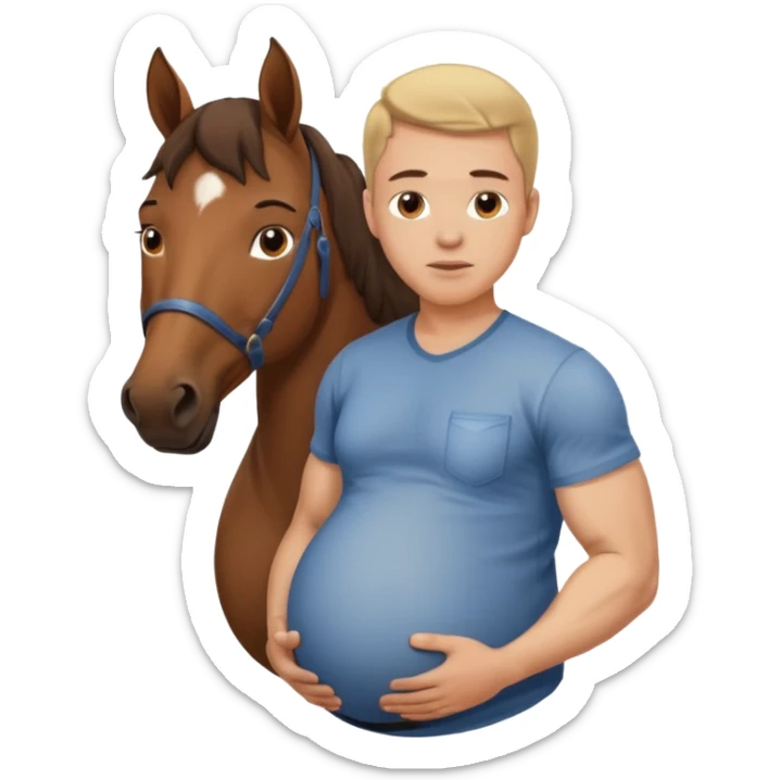 pregnant man in casual wear near horse sticker