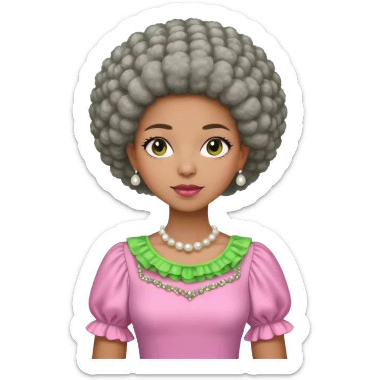 Pretty Brown woman with a very very short stylish gray Afro  wearing pink and green dress  and pearl blouse with sleeves sticker