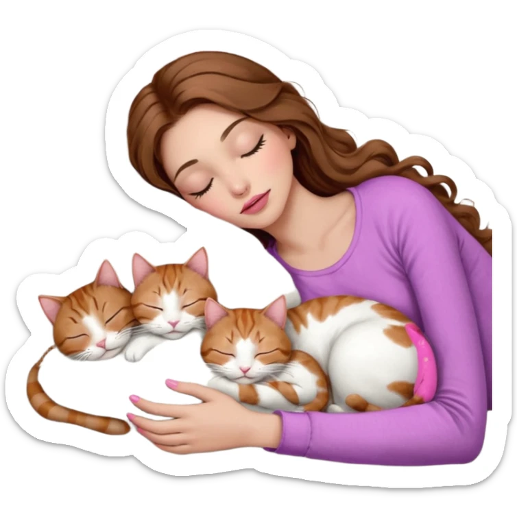 girl with long wavy brown hair, brown eyes, long lashes makeup, sexy pink lips, light to medium complexion,  sleeping on a cozy pillow, with 6 cats: 1 brown and white tabby cat, 1 ginger and white, 2 grey and white, 1 grey with white mittens and small white patch on chest and 1 calico, sleeping sticker
