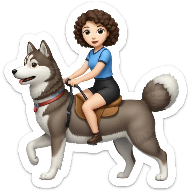 cute woman short tight curly brown hair riding big husky dog sticker