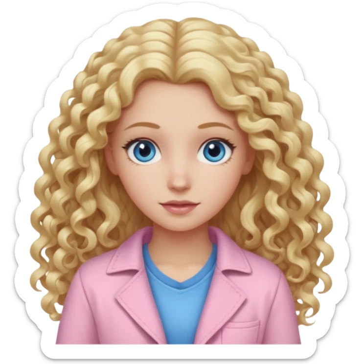 A white girl with long blonde curly hair and  eyes wearing light pink sticker