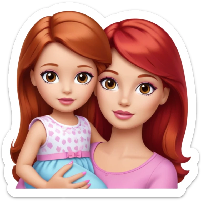 Barbie girl with makeup with brown hair with baby daughter girl with red hair by the hand sticker
