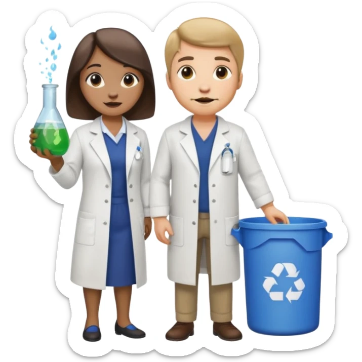 an otter disguised as a woman picking up trash bins, next to a man mad scientist sticker