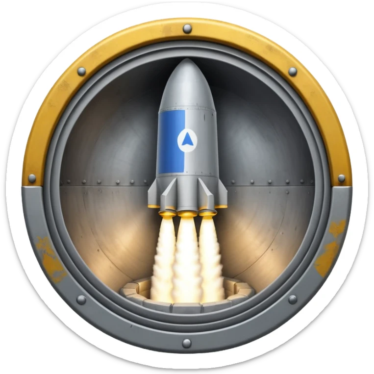 grey missile silo hatch open, and the top two thirds of a white nuclear missile launching out of the silo is shown sticker