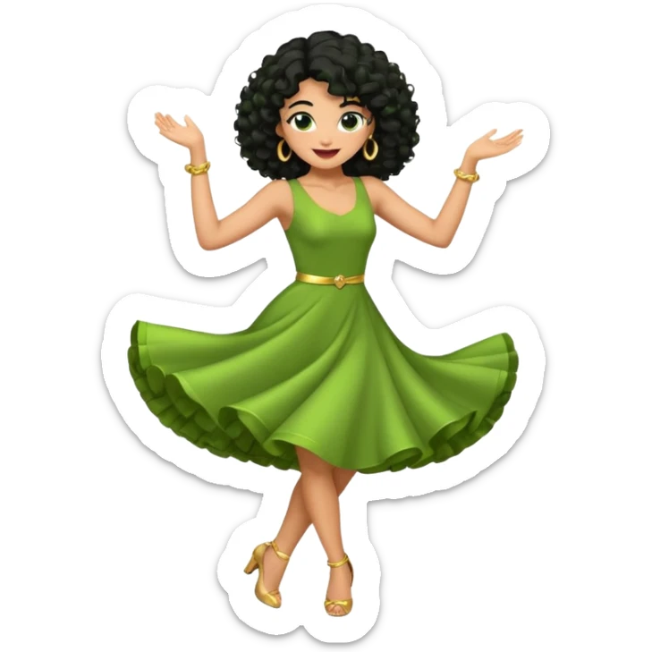 a woman with olive skin tone and curly black hair wearing green and dancing. full body, disco pose sticker
