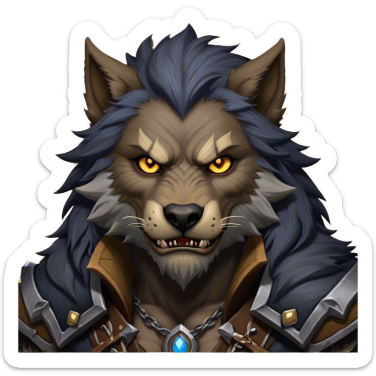 Cinematic Realistic WoW Worgen Portrait, depicted as a fearsome blend of man and beast, with rugged, dark fur intermingling with tanned, weathered skin. His piercing amber eyes and fierce expression are framed by disheveled hair and subtly detailed, worn leather attire in dark, consistent hues. Rendered with lifelike texture and dramatic, natural lighting, high shine, noble and formidable, capturing the primal nobility of a legendary worgen warrior. sticker