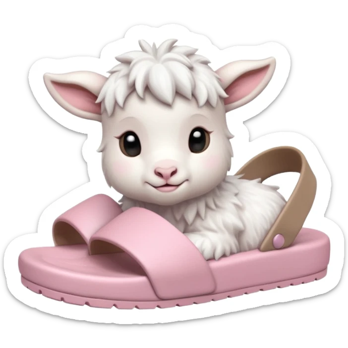 an all white lofi baby goat emoji wearing monochromatic pastel pink chunky slides sticker
