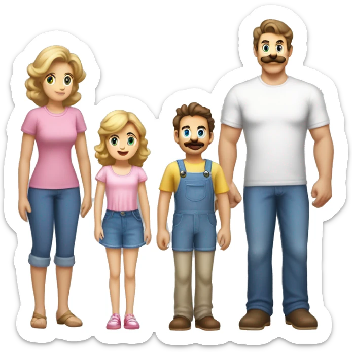 Father has brown hair with curled mustache and goatee, and a gray t-shirt with buttons. mother has brunette hair with pink highlights, cream-colored sundress with cherries on it. son has sandy blonde hair and blue super Mario t-shirt. sticker