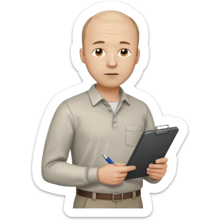 man mid 30's tired shirt and trousers balding hairline standing holding a clipboard sticker