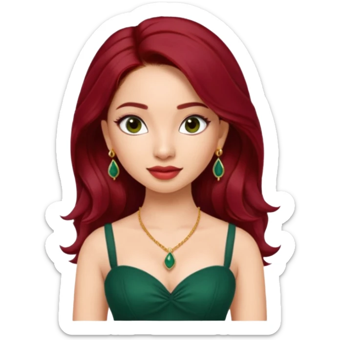 pretty bratz genmoji that looks like tamannah bhatia (bollywood actress), wearing a dark green sweetheart neckline top, dark red hair, light makeup, no necklace, dangly earrings, side hair part sticker