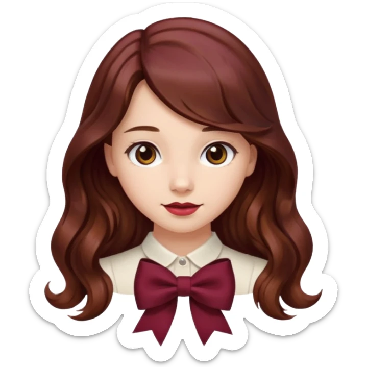 girl wavy long hair brown hair with a burgundy bow sticker