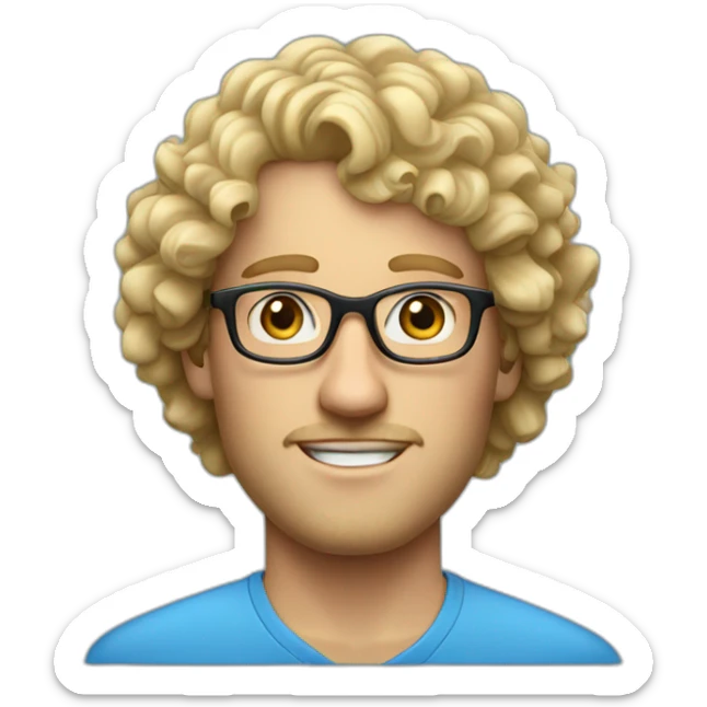 Portrait of blond man with curly hair and blue eyes with glasses and a shirt sticker