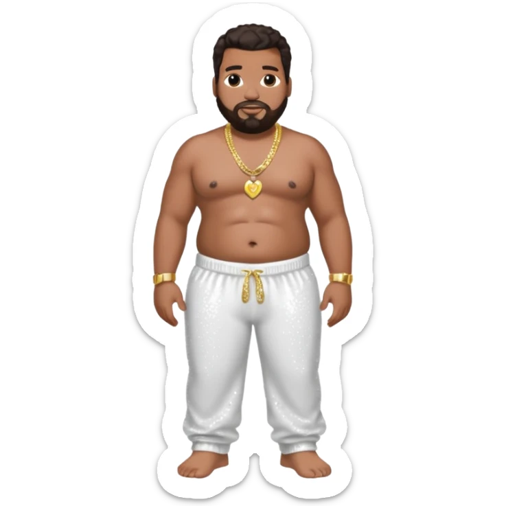 Fatman Scoop with dark brown hair, white sequin baggy pants, shirtless with necklace sticker