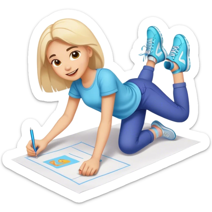 cheerful girl with sneakers draws on a sheet of paper on the ground sticker