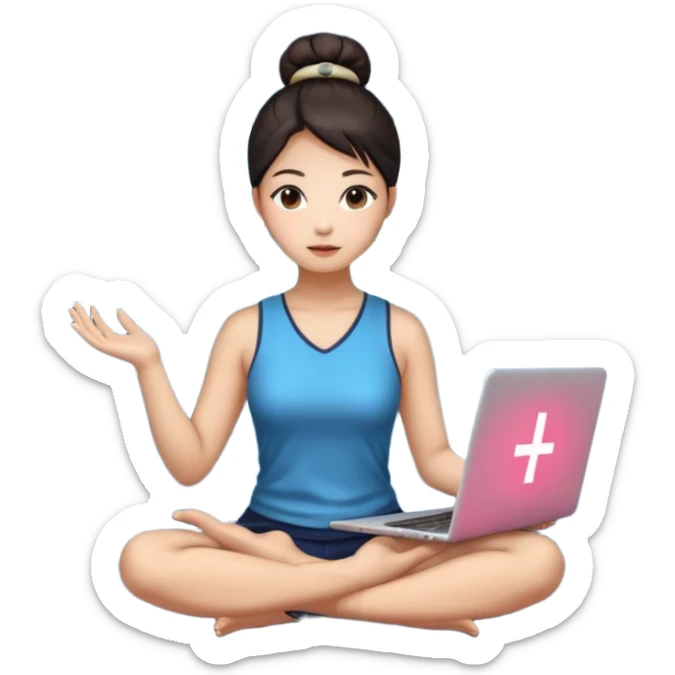 emoji of an asian woman with a single bun sitting cross legged with dna levitating above one hand and a laptop above the other hand sticker