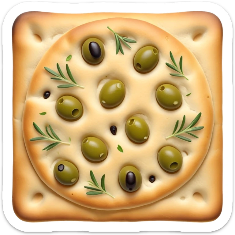 cinematic-realistic-focaccia-bread-dish-emoji,-depicted-as-a-golden,-olive-oil-brushed-flatbread-sprinkled-with-herbs-rendered-with-lifelike-texture-and-soft,-appetizing-lighting showing olives on top  sticker