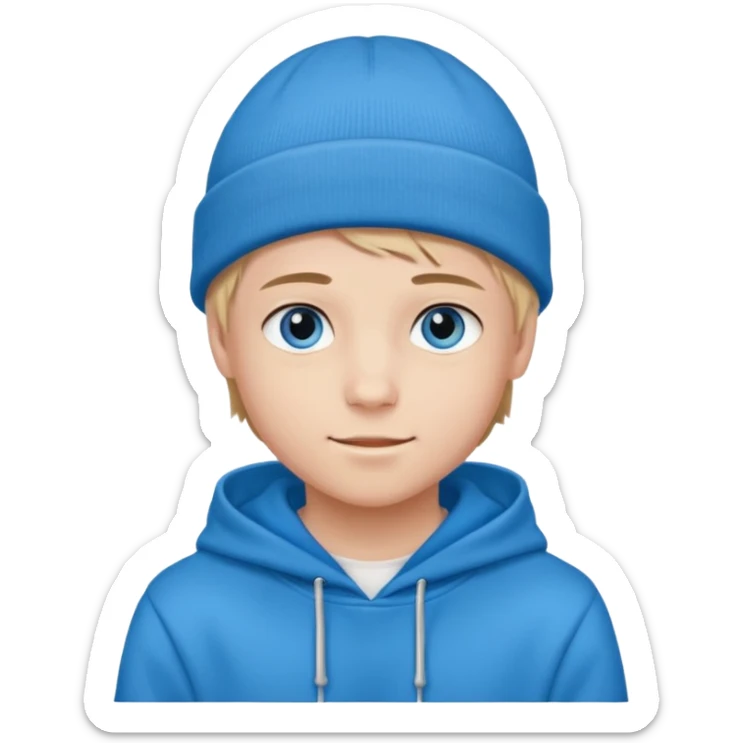 handsome and young teen pinterest boy good at fashion. popular among 'that brat girl', wearing hoodieand beanie with blue eye  and little smile sticker
