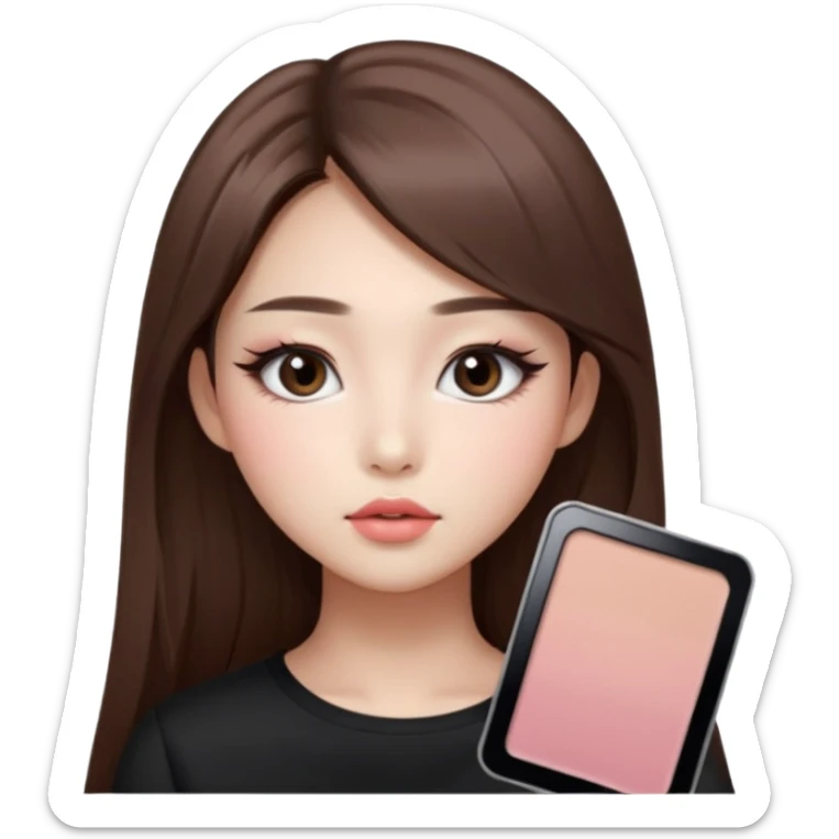 “korean straight long brown hair Emoji girl, soft eyeliner and blush, gradient lips, light brown shimmer eyeshadow sticker