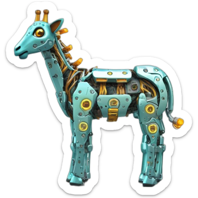 Una girafa robotica con patrones de circuitos brillantes en su piel, piernas con juntas móviles y piezas de metal relucientes sticker