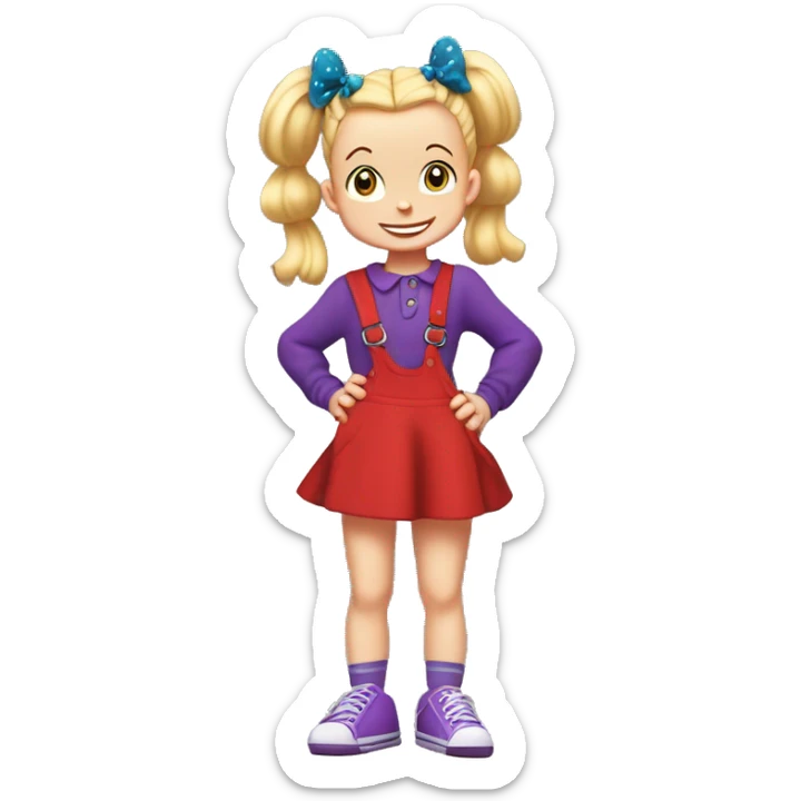 A little blonde girl with pigtails and little purple bows wearing a red long-sleeved shirt and purple overalls skirt with blue tights with green polka dots and purple sneakers, full body, rugrats sticker